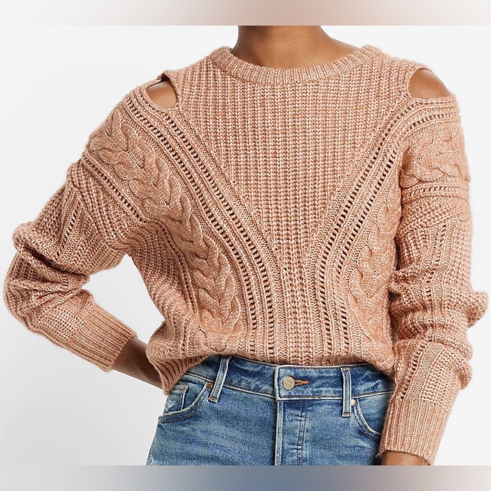 Express Women's Cable Knit Sweater with Cut-Out Shoulders - Tan